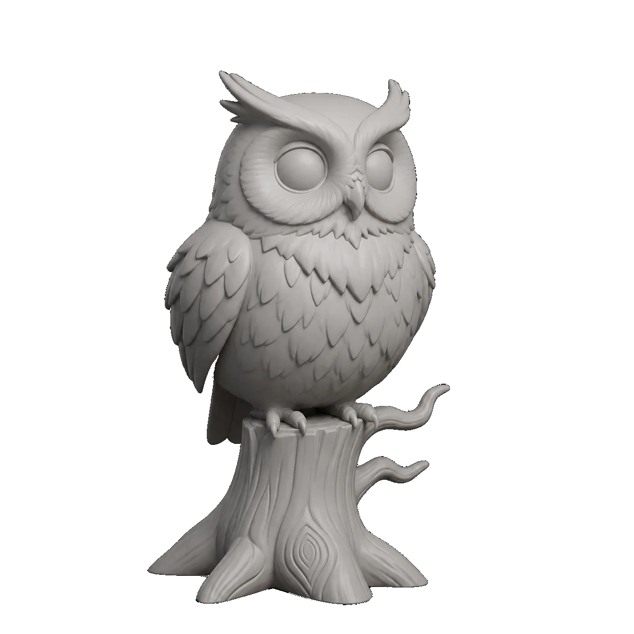 Malla de búho sin texturizar generada con 3D AI Studio a partir de una descripción